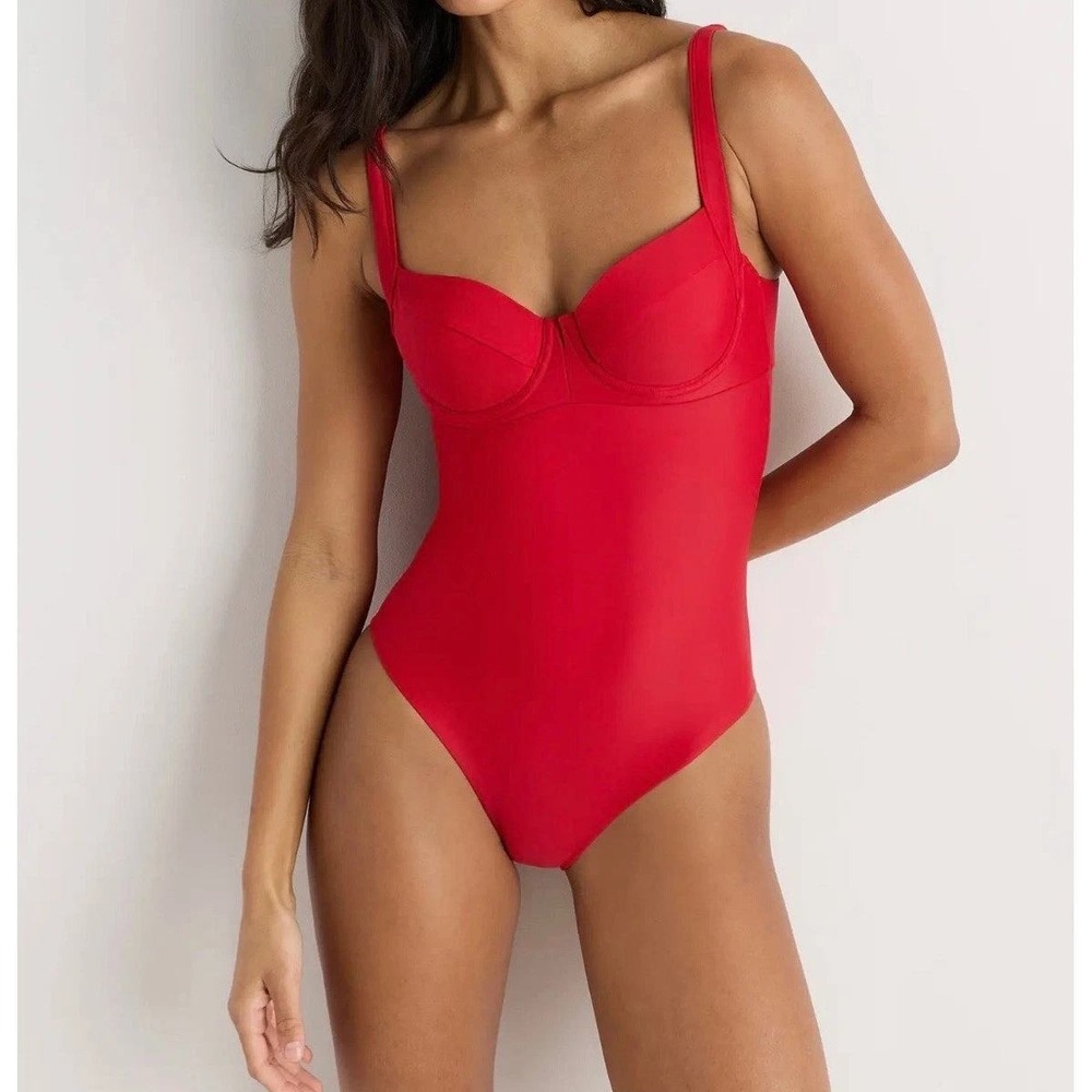 Quince Italian Underwire One-Piece Swimsuit Womens S Cherry Red Tie Back UPF 50+